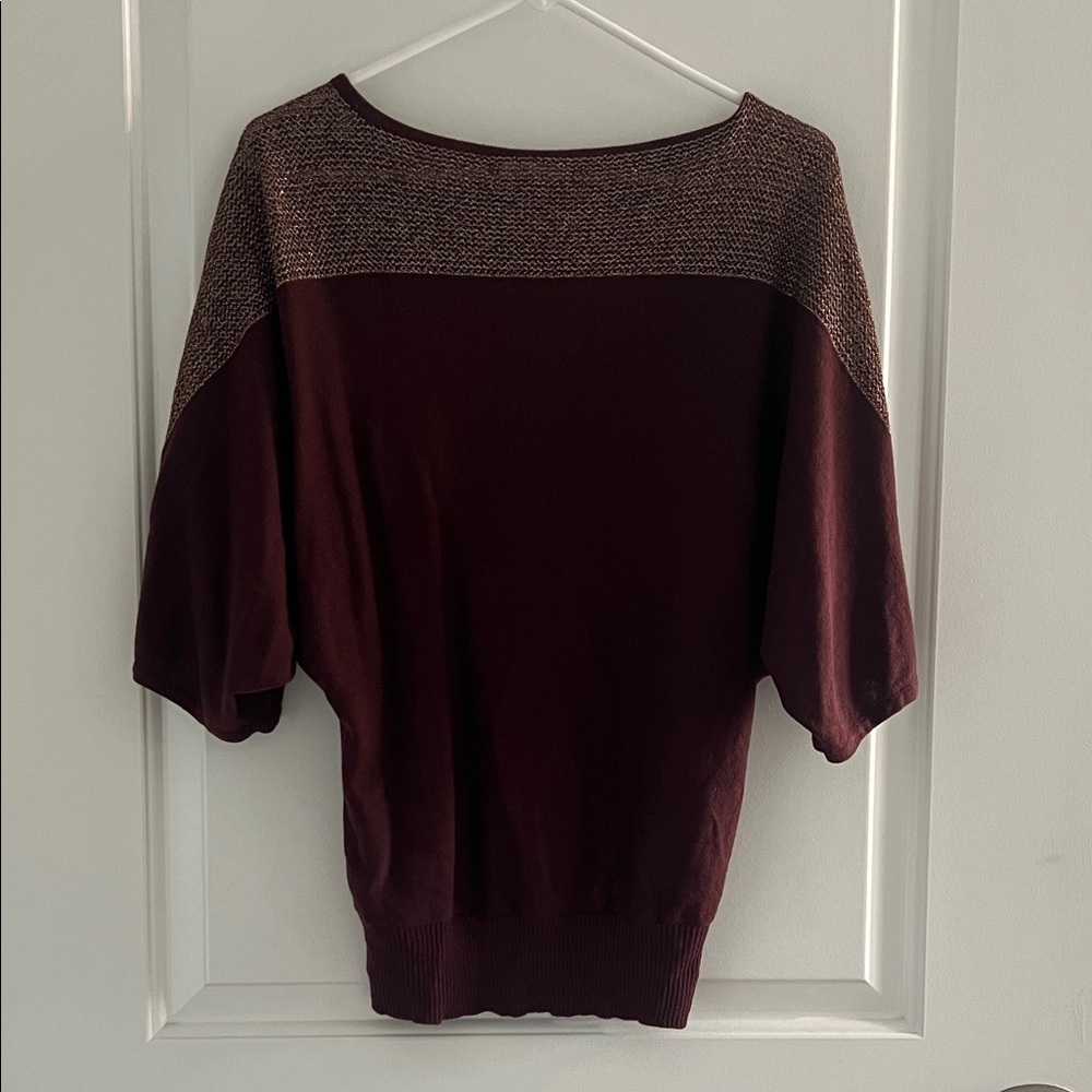 New York & Company Burgundy Blouse with Gold Detailing
